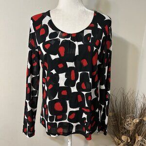Vtg Blast Women Top Black Red White Abstract Pleated Front Scoop Neck Sheer Sz M